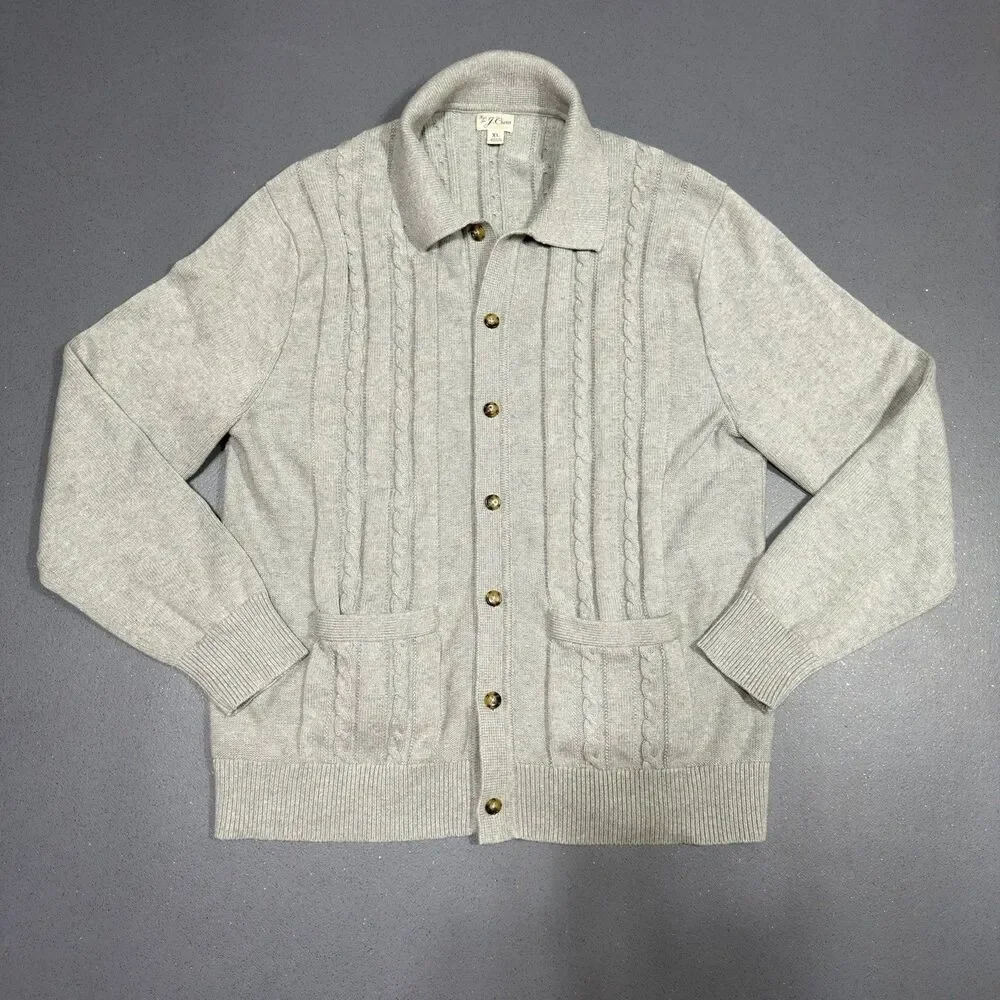 JCrew Cable Knit Collared Cardigan Sweater Mens XL Grey Button Front Cotton